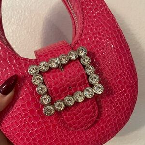 Dolls Kill Pink Croc-Embossed Mini Bag with Rhinestone Buckle